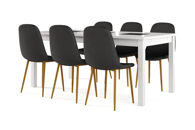 Jasmin Udtræksbart Spisebord 180 cm + 6 stk Nibe stol sort med egetræben, Hvid/Sort