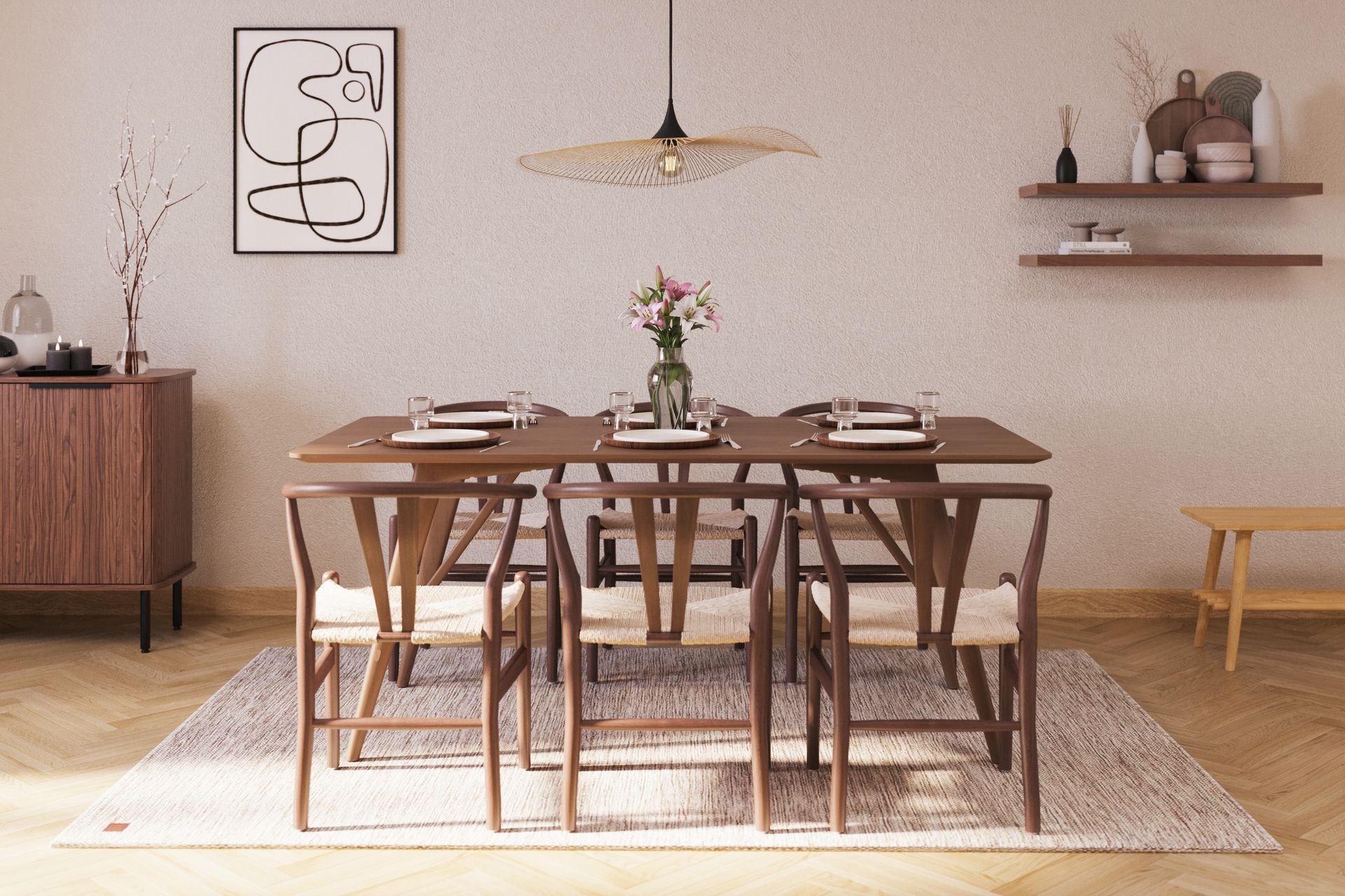 Jerup Spisegruppe 180 cm Rektangulært spisebord med 6 Dastoori Spisestole - Valnød - Møbler - Borde - Spisebordssæt