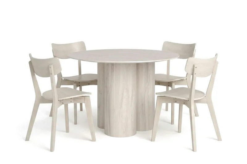 Juno spisegruppe 110 cm rund hvidlaseret med 4 Amelia spisestole, Hvidolieret