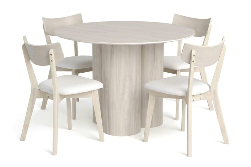 Juno spisegruppe 110 cm rund hvidlaseret med 4 Amelia spisestole med hynde - Hvidlaseret/Beige - Møbler - Borde - Spisebordssæt