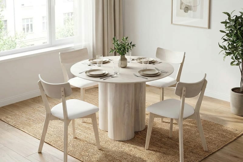 Juno spisegruppe 110 cm rund hvidlaseret med 4 Amelia spisestole med hynde - Hvidlaseret/Beige - Møbler - Borde - Spisebordssæt