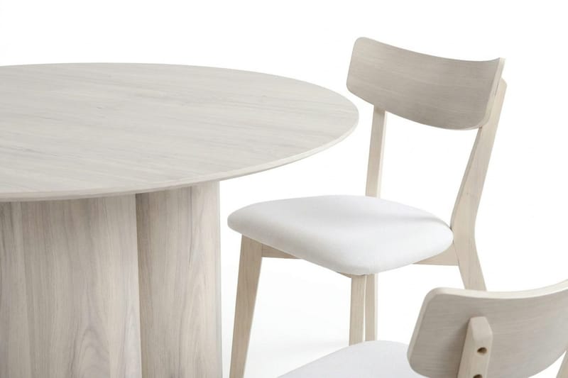 Juno spisegruppe 110 cm rund hvidlaseret med 4 Amelia spisestole med hynde - Hvidlaseret/Beige - Møbler - Borde - Spisebordssæt