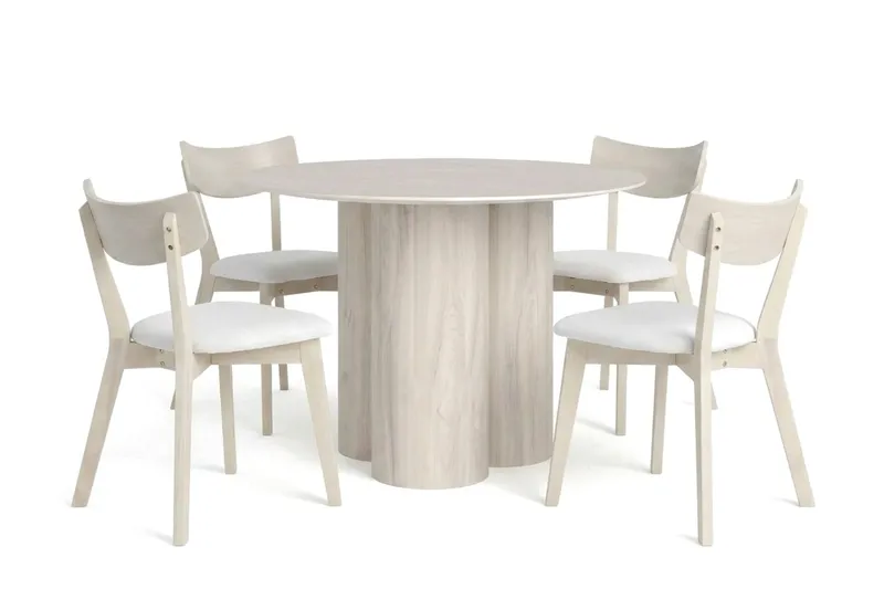 Juno spisegruppe 110 cm rund hvidlaseret med 4 Amelia spisestole med hynde, Hvidlaseret/Beige