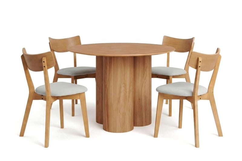 Juno spisegruppe 110 cm rund i eg med 4 Amelia spisestole med hynde - Eg/Beige - Møbler - Borde - Spisebordssæt