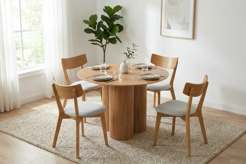 Juno spisegruppe 110 cm rund i eg med 4 Amelia spisestole med hynde - Eg/Beige - Møbler - Borde - Spisebordssæt