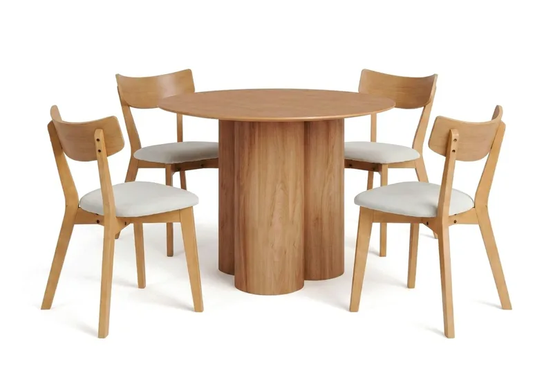 Juno spisegruppe 110 cm rund i eg med 4 Amelia spisestole med hynde, Eg/Beige