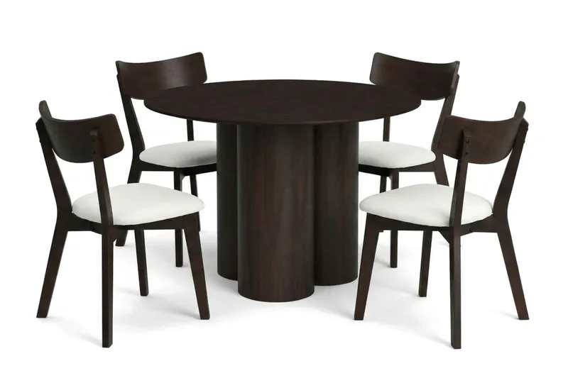 Juno spisegruppe 110 cm rund i røget eg med 4 Amelia spisestole med hynde, Røget eg/Beige