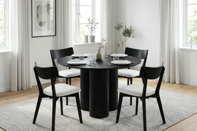 Juno spisegruppe 110 cm rund i sort med 4 Amelia spisestole med hynde - Sort/Beige - Møbler - Borde - Spisebordssæt
