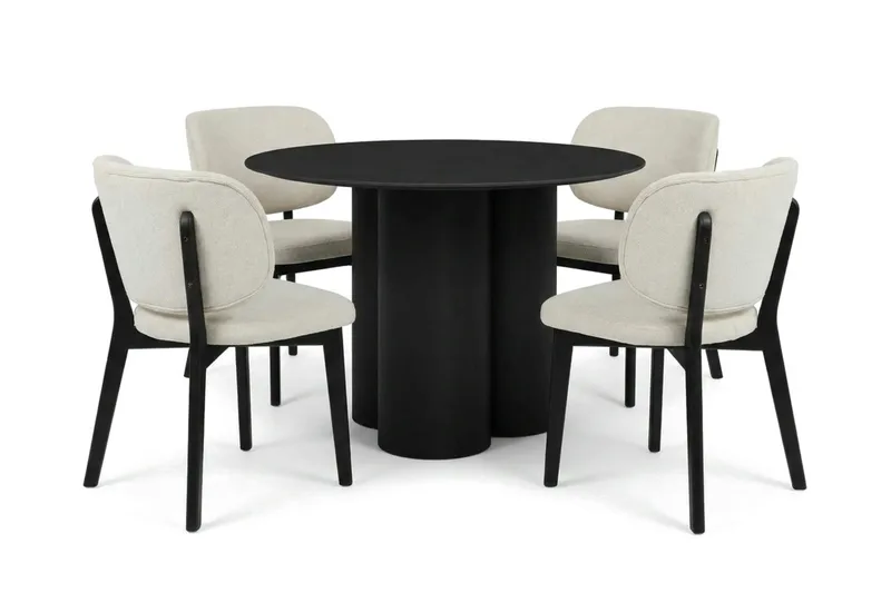 Juno spisegruppe 110 cm rund i sort med 4 Eira spisestole, Sort