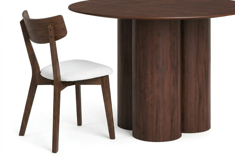 Juno spisegruppe 110 cm rund i valnød med 4 Amelia spisestole med hynde - Valnød/Beige - Møbler - Borde - Spisebordssæt