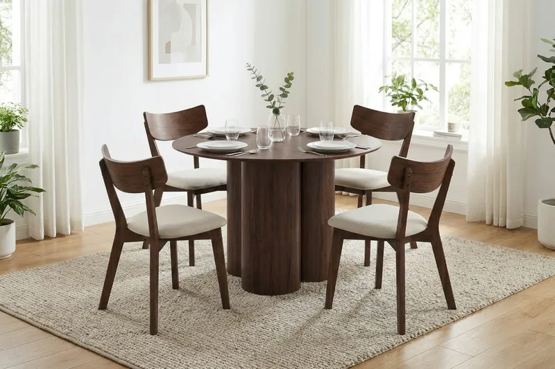 Juno spisegruppe 110 cm rund i valnød med 4 Amelia spisestole med hynde - Valnød/Beige - Møbler - Borde - Spisebordssæt