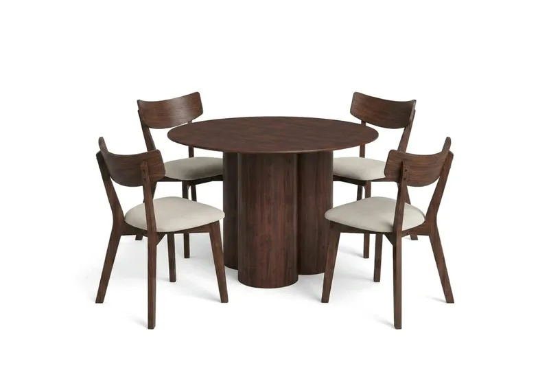Juno spisegruppe 110 cm rund i valnød med 4 Amelia spisestole med hynde, Valnød/Beige