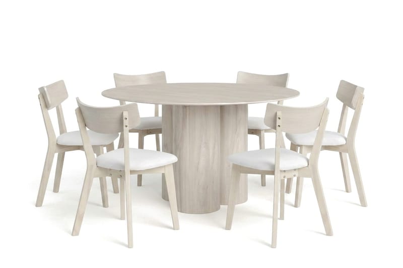 Juno spisegruppe 130 cm rund hvidlaseret med 6 Ameli spisestole med hynde, Hvidlaseret/Beige