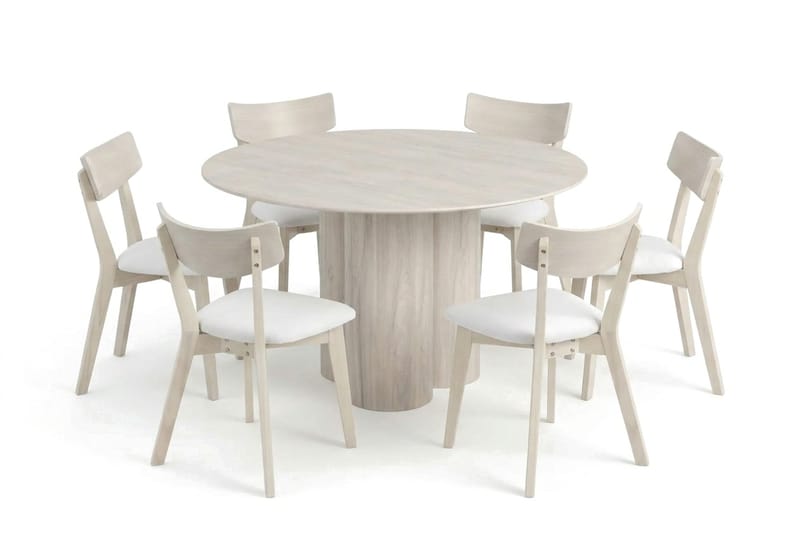 Juno spisegruppe 130 cm rund hvidlaseret med 6 Ameli spisestole med hynde - Hvidlaseret/Beige - Møbler - Borde - Spisebordssæt