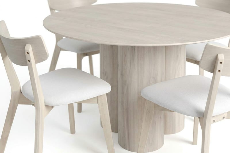 Juno spisegruppe 130 cm rund hvidlaseret med 6 Ameli spisestole med hynde - Hvidlaseret/Beige - Møbler - Borde - Spisebordssæt
