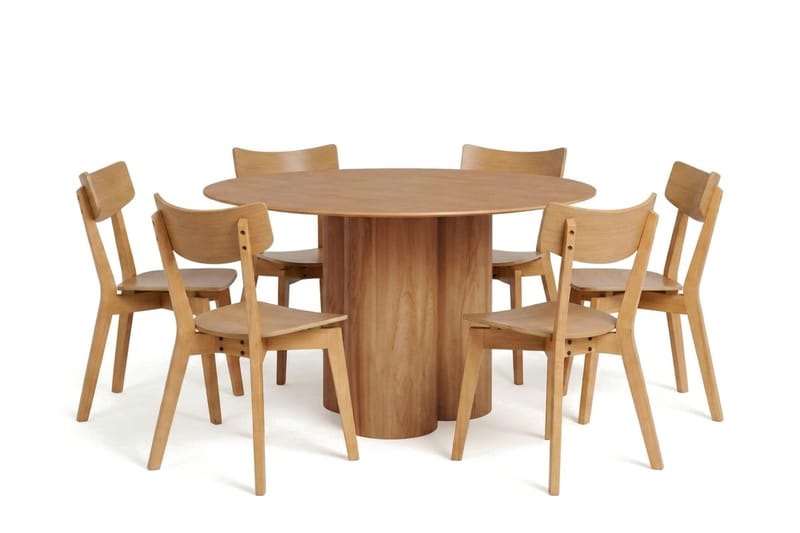 Juno spisegruppe 130 cm rund i eg med 6 Amelia spisestole, Eg