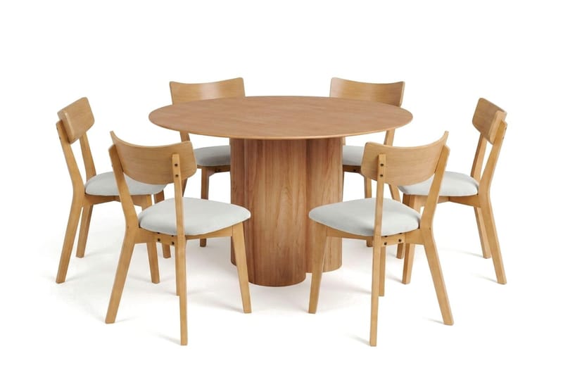 Juno Spisegruppe 130 cm rund i eg med 6 Amelia spisestole med hynde - Eg/Beige - Møbler - Borde - Spisebordssæt