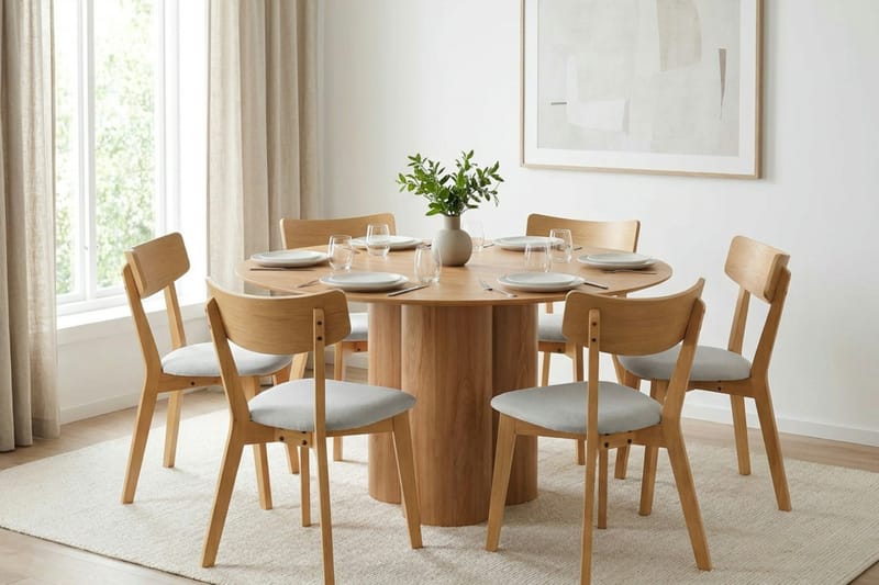 Juno Spisegruppe 130 cm rund i eg med 6 Amelia spisestole med hynde - Eg/Beige - Møbler - Borde - Spisebordssæt