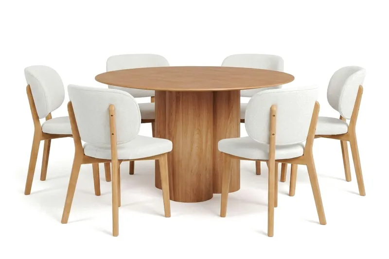 Juno spisegruppe 130 cm rund i eg med 6 Eira spisestole, Eg