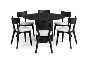 Juno spisegruppe 130 cm rund i sort med 6 Amelia spisestole med hynde - Sortbejdset eg - Møbler - Borde - Spisebordssæt