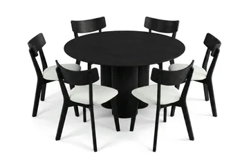Juno spisegruppe 130 cm rund i sort med 6 Amelia spisestole med hynde - Sortbejdset eg - Møbler - Borde - Spisebordssæt