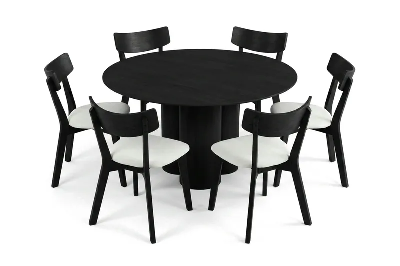 Juno spisegruppe 130 cm rund i sort med 6 Amelia spisestole med hynde, Sortbejdset eg