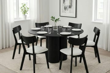 Juno spisegruppe 130 cm rund i sort med 6 Amelia spisestole med hynde - Sortbejdset eg - Møbler - Borde - Spisebordssæt