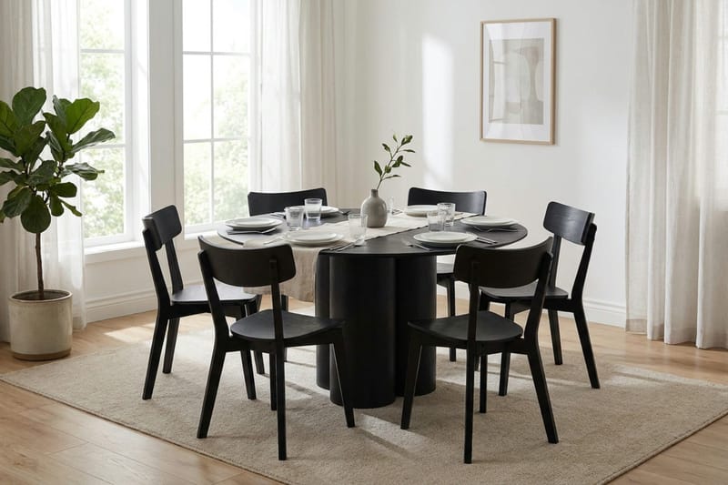 Juno spisegruppe 130 cm rund i sort med 6 Amelia spisestole - Sort - Møbler - Borde - Spisebordssæt