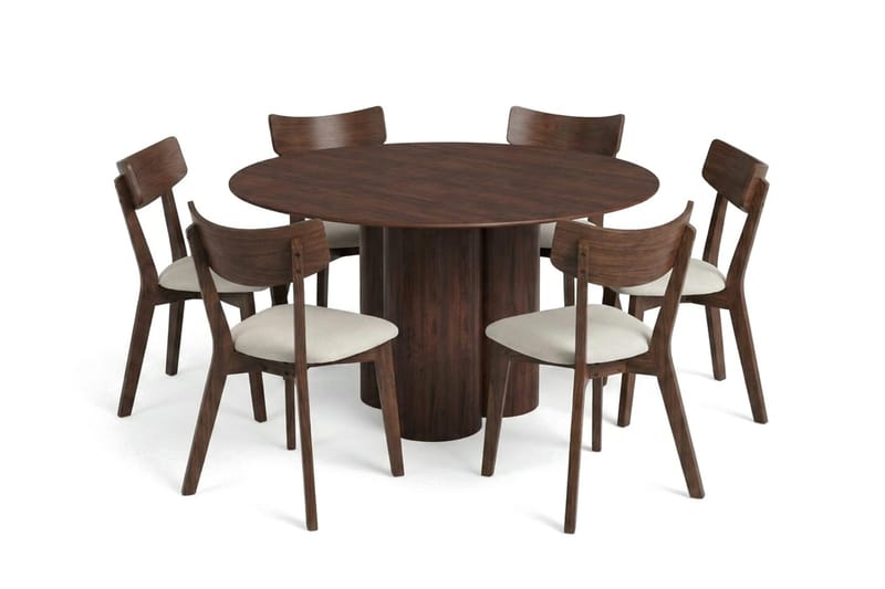 Juno spisegruppe 130 cm rund i valnød med 6 Amelia spisestole med hynde - Valnød/Beige - Møbler - Borde - Spisebordssæt