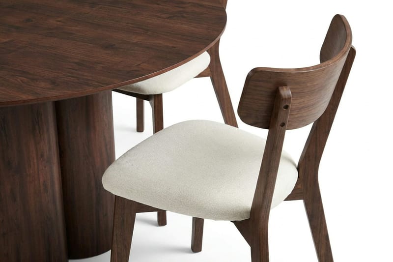 Juno spisegruppe 130 cm rund i valnød med 6 Amelia spisestole med hynde - Valnød/Beige - Møbler - Borde - Spisebordssæt