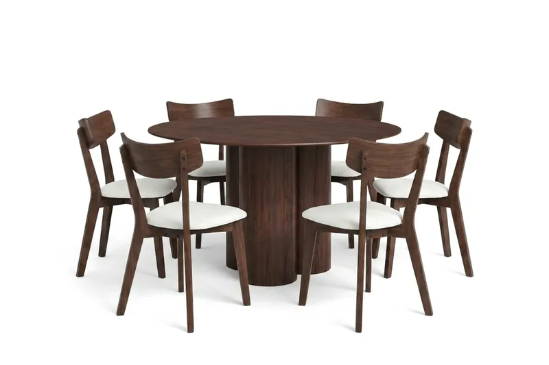 Juno spisegruppe 130 cm rund i valnød med 6 Amelia spisestole med hynde, Valnød/Beige