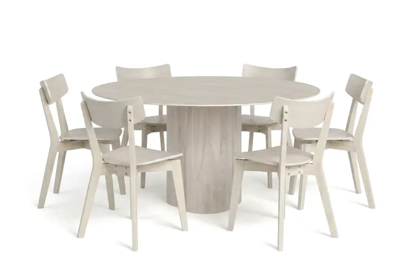 Juno spisegruppe 150 cm rund hvidlaseret med 6 Amelia spisestole, Hvidbejdset eg