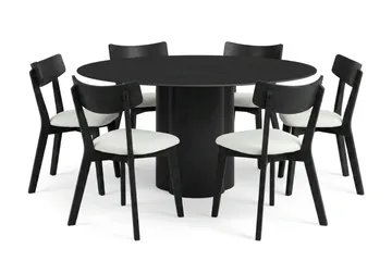 Juno spisegruppe 150 cm rund i sort med 6 Amelia spisestole med hynde - Sortbejdset eg - Møbler - Borde - Spisebordssæt