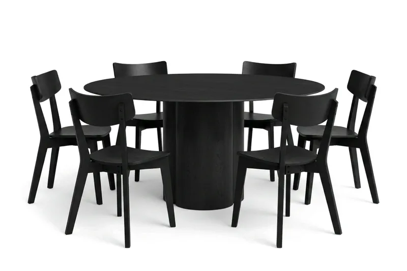 Juno Spisegruppe 150 cm rund i sort med 6 Amelia spisestole, Sort
