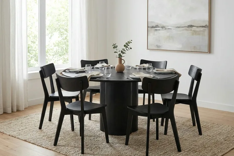 Juno Spisegruppe 150 cm rund i sort med 6 Amelia spisestole - Sort - Møbler - Borde - Spisebordssæt
