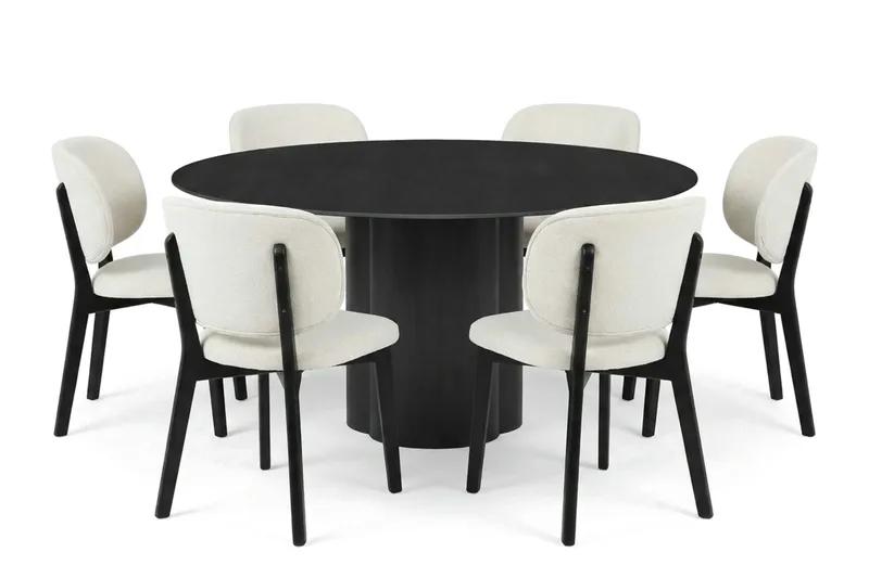Juno spisegruppe 150 cm rund i sort med 6 Eira spisestole, Sortbejdset eg