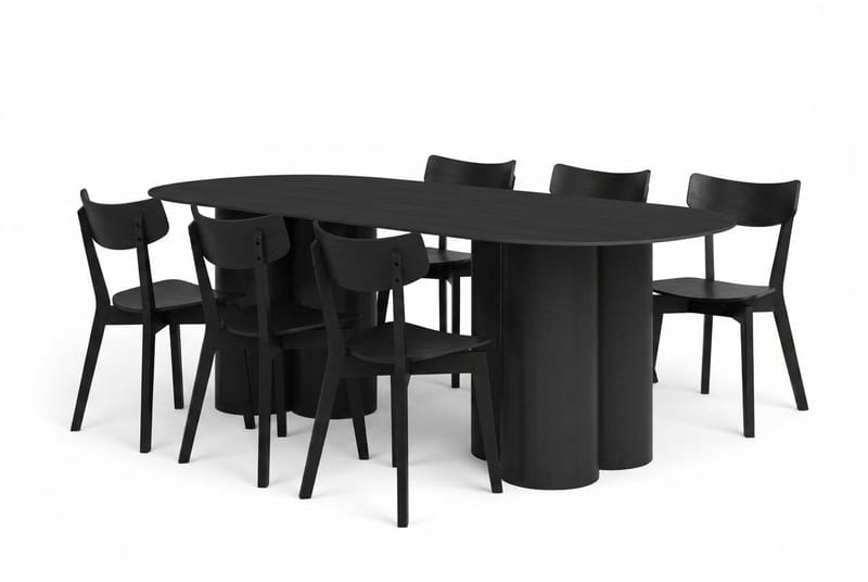 Juno spisegruppe 220 cm rektangulær i sort med 6 Amelia spisestole, Sort