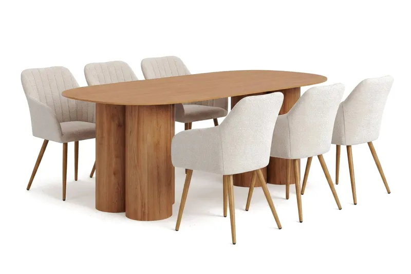 Juno spisegruppe rektangulær 220 cm Eg med 6 Filippa-spisestole, Eg