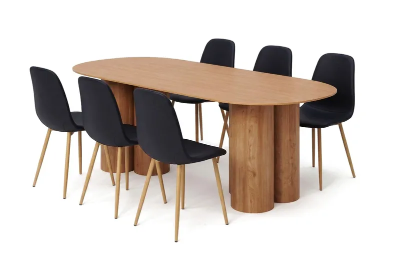 Juno spisegruppe rektangulær 220 cm eg med 6 Nibe spisebordsstole, Eg