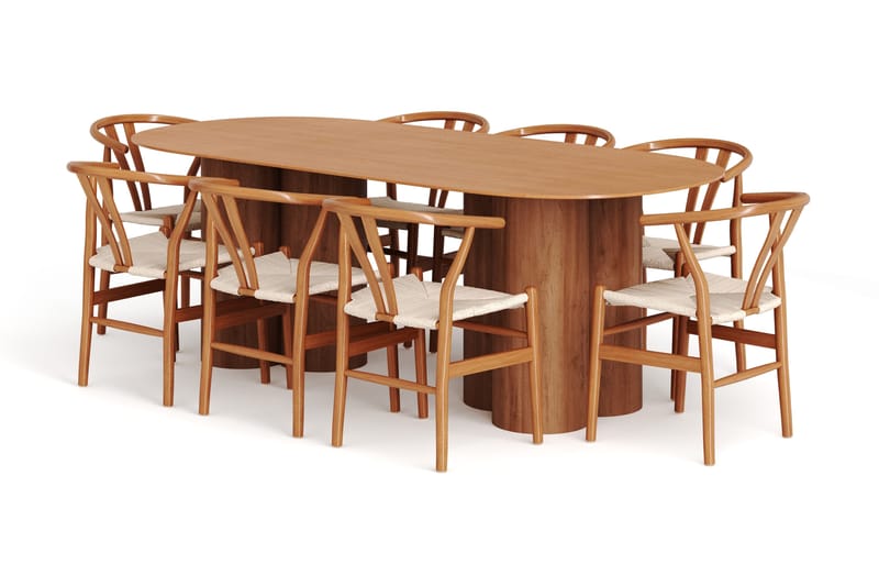 Juno spisegruppe rektangulær 220 cm eg med 8 Dastoori spisebordsstole, Eg