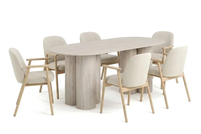Juno spisegruppe rektangulær 220 cm hvidolieret med 6 Reciclar spisebordsstole, Hvidbejdset eg