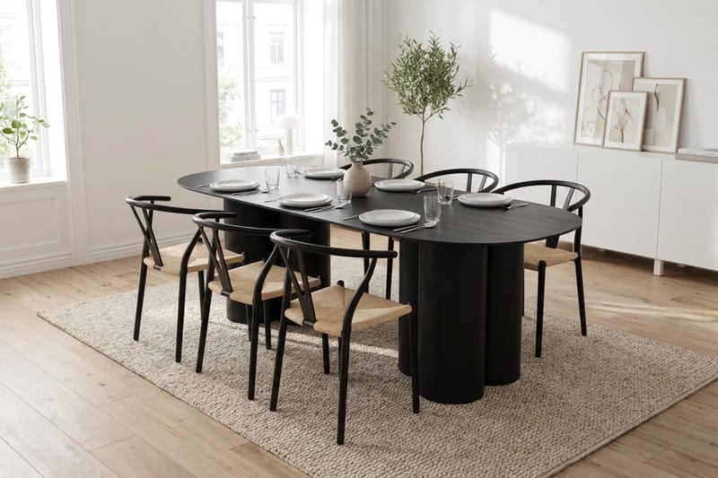 Juno spisegruppe rektangulær 220 cm i sort med 6 Elysia spisestole - Møbler - Borde - Spisebordssæt