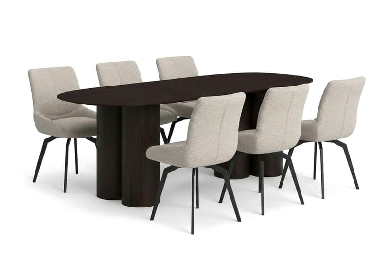 Juno spisegruppe rektangulær 220 cm røget eg med 8 Mora spisebordsstole, Røget eg