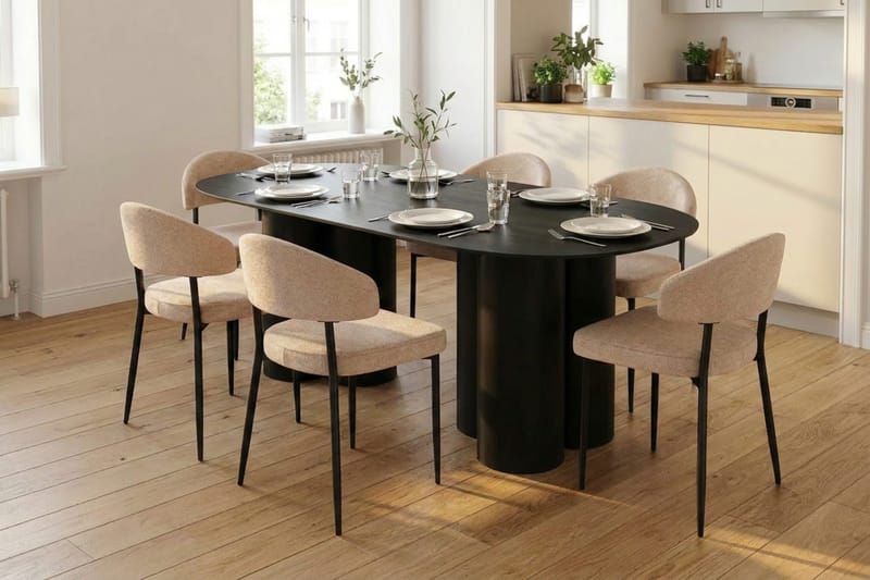 Juno spisegruppe rektangulær 220 cm sort med 6 Jairam spisebordsstole - Sortbejdset eg - Møbler - Borde - Spisebordssæt