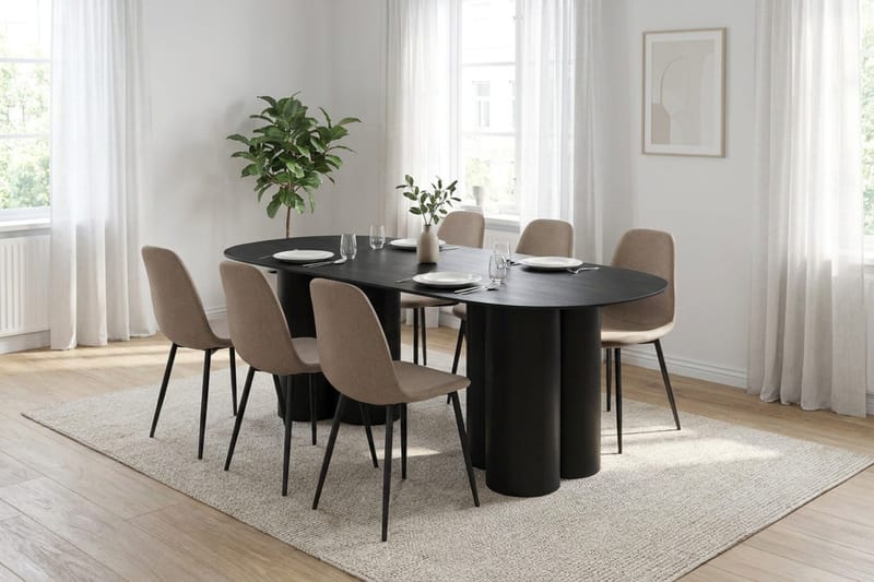 Juno spisegruppe rektangulær 220 cm sort med 6 Nibe spisebordsstole - Sortbejdset eg - Møbler - Borde - Spisebordssæt