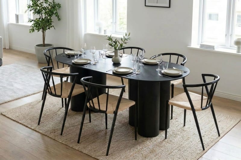 Juno spisegruppe rektangulær 220 cm sort med 6 Winston spisebordsstole - Sortbejdset eg - Møbler - Borde - Spisebordssæt