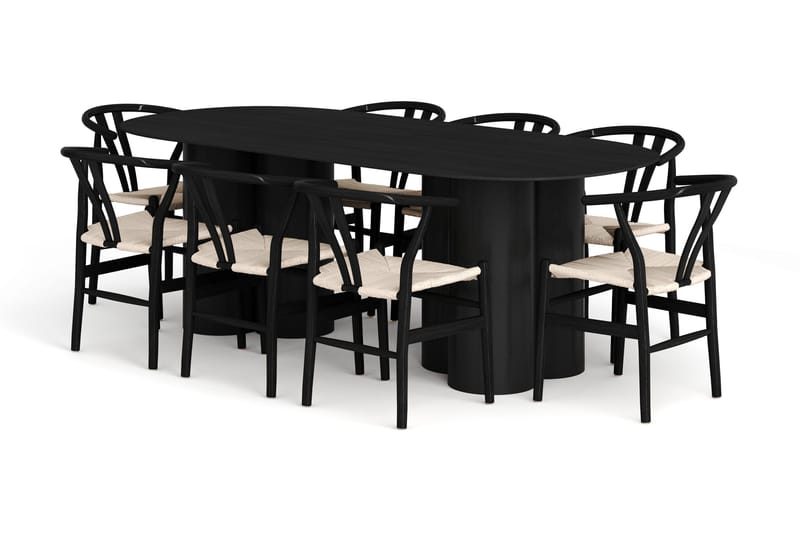 Juno spisegruppe rektangulær 220 cm sort med 8 Dastoori spisebordsstole, Sort