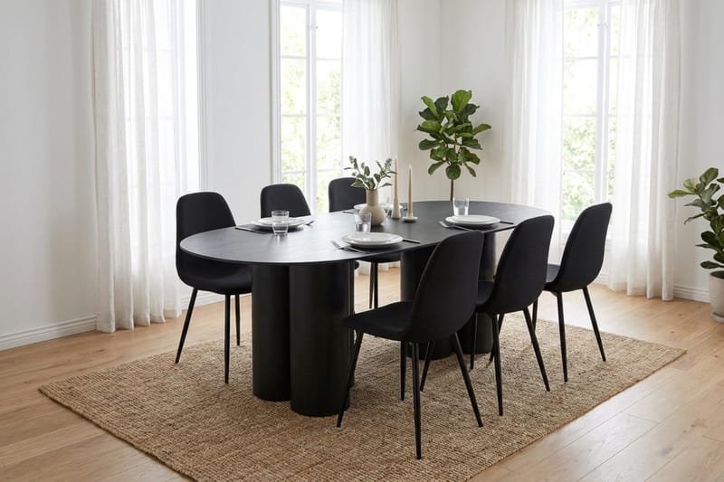Juno spisegruppe rektangulær 220 cm sort med 8 Nibe spisebordsstole - Sort - Møbler - Borde - Spisebordssæt