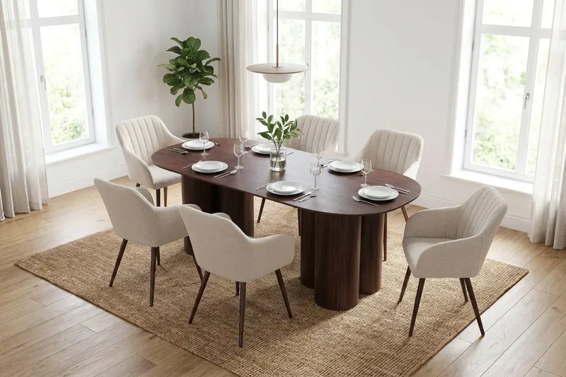 Juno spisegruppe rektangulær 220 cm Valnød med 6 Filippa-spisestole - Valnød - Møbler - Borde - Spisebordssæt