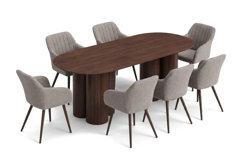 Juno spisegruppe rektangulær 220 cm Valnød med 6 Filippa-spisestole, Valnød
